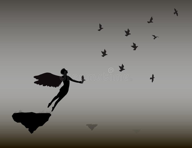 De engel vliegt met de zwart-witte weg troep van duiven, vlieg, op hemel, het leven vector illustratie De engel vliegt met de zwart-witte weg troep van duiven, vlieg, op hemel, het leven vector illustratie