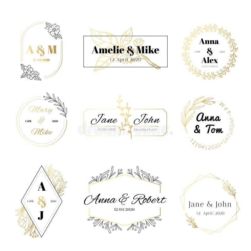 De etiketten van de huwelijksuitnodiging De minimalistische bloemenbladerenkaders, elegante gouden huwelijkskaart en bewaren de d stock illustratie De etiketten van de huwelijksuitnodiging De minimalistische bloemenbladerenkaders, elegante gouden huwelijkskaart en bewaren de d stock illustratie