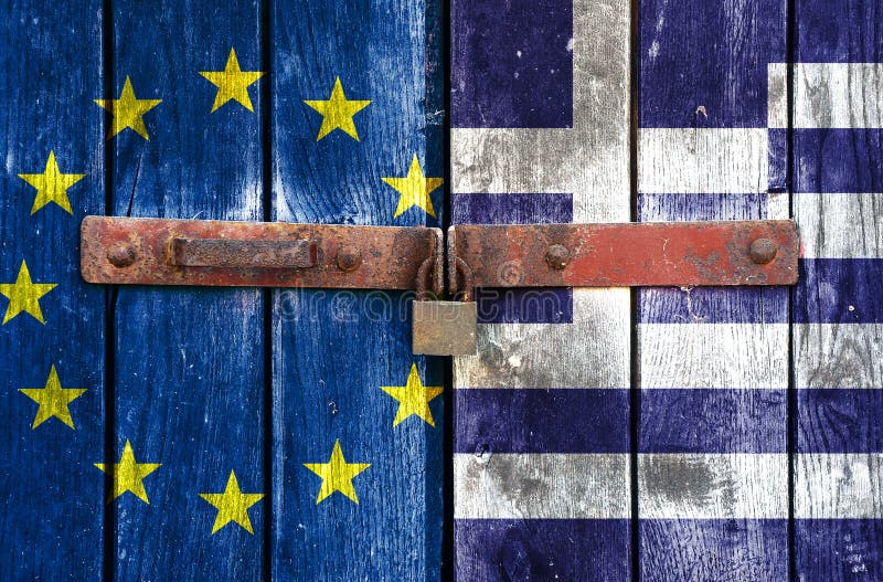 European Union flag with the Greek flag on the background of old locked doors. European Union flag with the Greek flag on the background of old locked doors