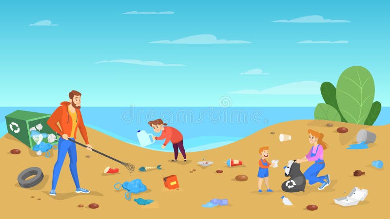 De familie maakt het strand schoon De mensen zetten huisvuil weg