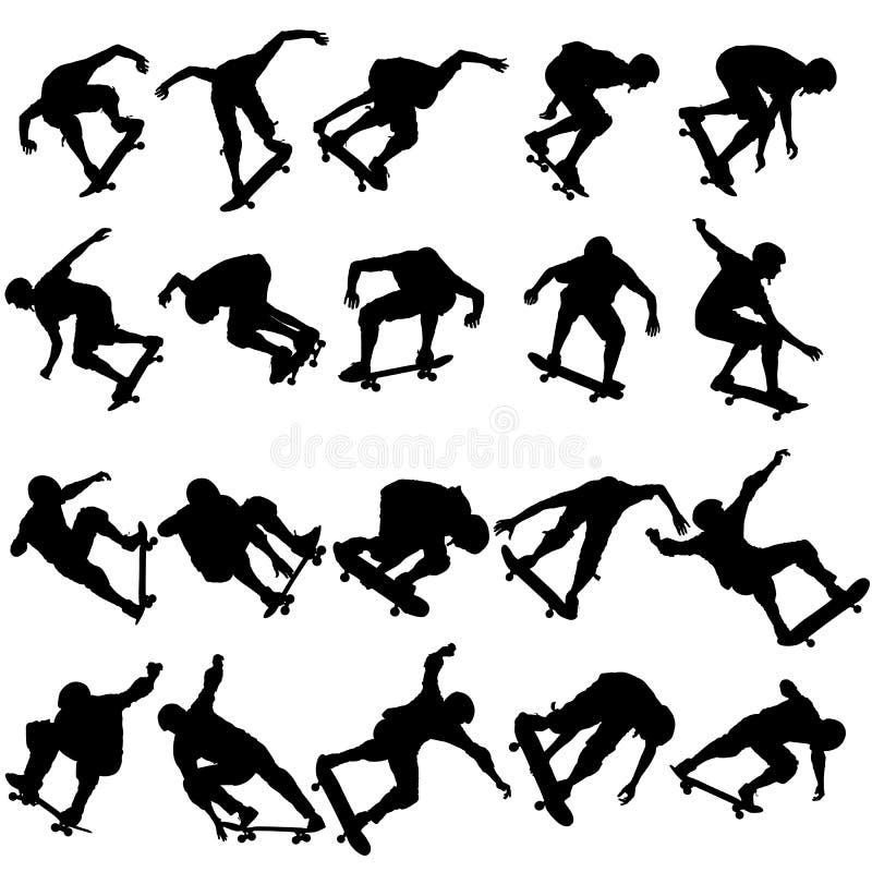 De fastställda konturerna en skateboarder utför att hoppa royaltyfri illustrationer