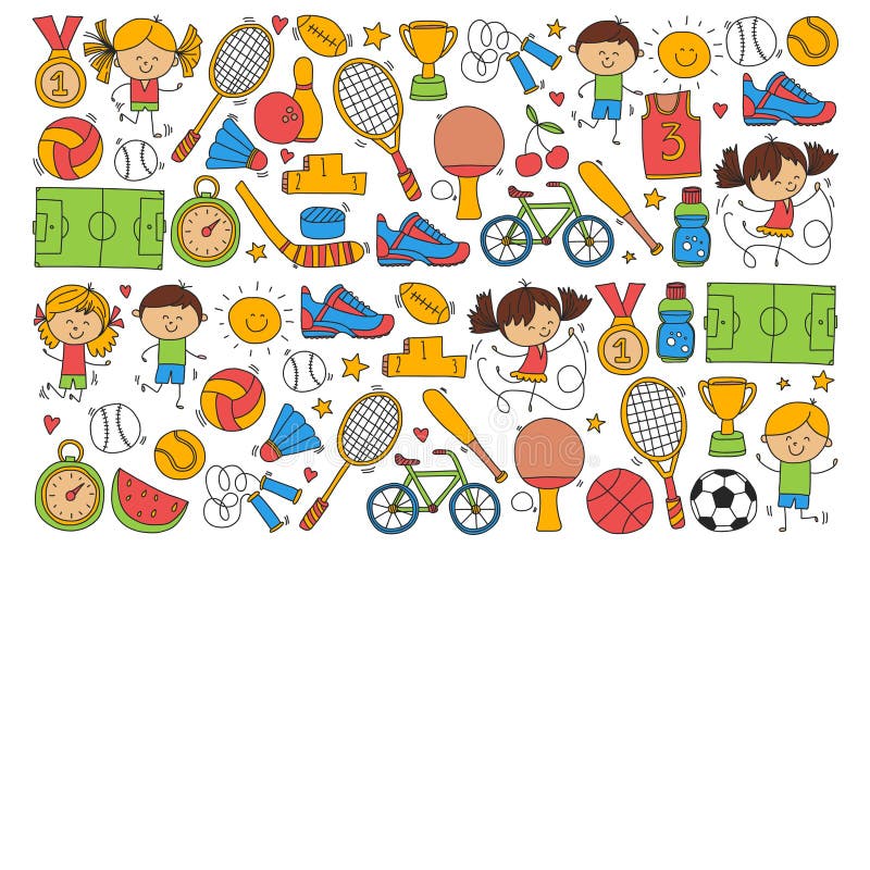 De Fitness van de kinderensport van het het Tennisbasketbal van het Voetbalvolleyball van de de Fiets de Lopende Toekenning sport royalty-vrije illustratie De Fitness van de kinderensport van het het Tennisbasketbal van het Voetbalvolleyball van de de Fiets de Lopende Toekenning sport royalty-vrije illustratie