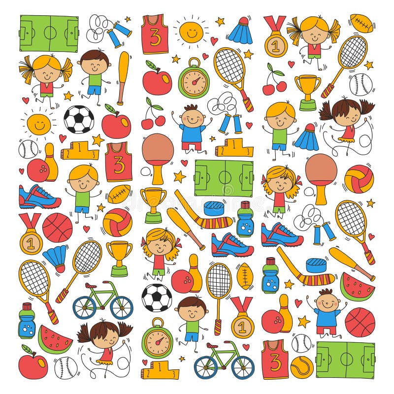 De Fitness van de kinderensport van het het Tennisbasketbal van het Voetbalvolleyball van de de Fiets de Lopende Toekenning sport royalty-vrije illustratie De Fitness van de kinderensport van het het Tennisbasketbal van het Voetbalvolleyball van de de Fiets de Lopende Toekenning sport royalty-vrije illustratie