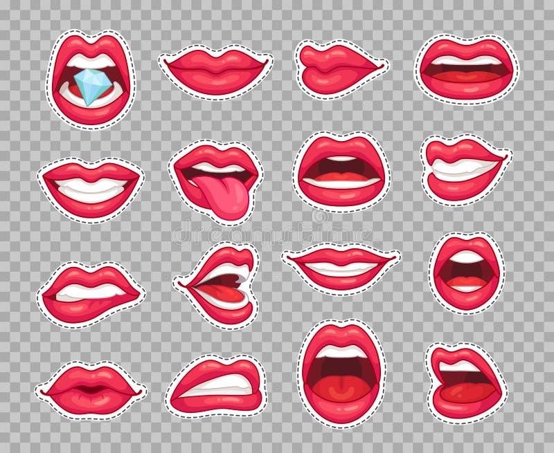De flarden van suikergoedlippen De uitstekende jaren '80 vormen stickers met meisje die tong en gebeten lip met rode lippenstift royalty-vrije illustratie De flarden van suikergoedlippen De uitstekende jaren '80 vormen stickers met meisje die tong en gebeten lip met rode lippenstift royalty-vrije illustratie