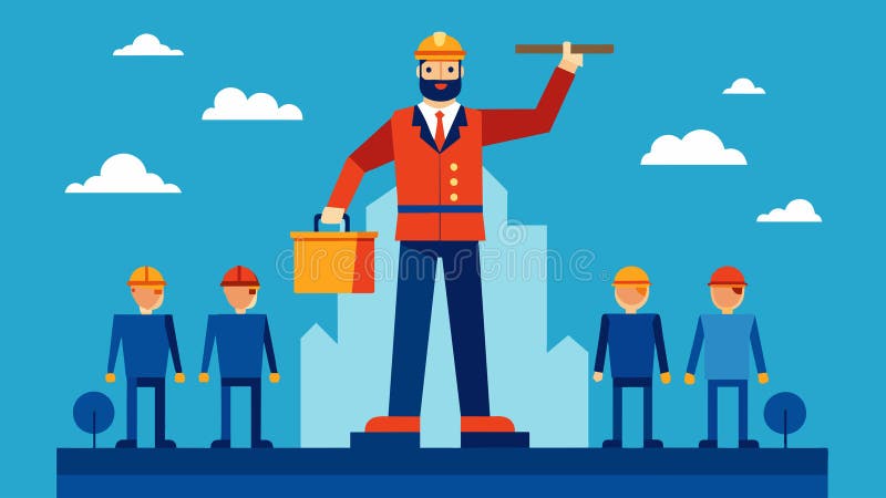 The foremans commanding presence on the platform serves as a constant reminder to the workers of their goal and the importance of their work.. Vector illustration AI generated. The foremans commanding presence on the platform serves as a constant reminder to the workers of their goal and the importance of their work.. Vector illustration AI generated