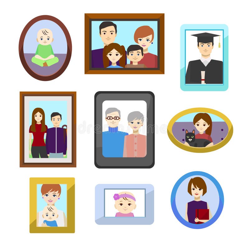 De Foto's van de beeldverhaalfamilie in Geplaatste Kleurenkaders Vector vector illustratie De Foto's van de beeldverhaalfamilie in Geplaatste Kleurenkaders Vector vector illustratie