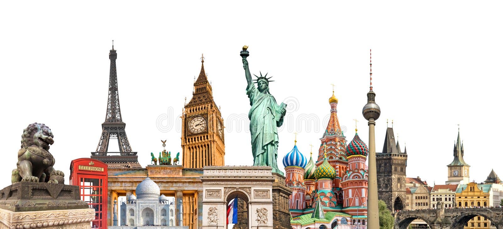 De fotocollage van wereldoriëntatiepunten op witte achtergrond, reistoerisme en studie rond het wereldconcept dat wordt geïsoleer De fotocollage van wereldoriëntatiepunten op witte achtergrond, reistoerisme en studie rond het wereldconcept dat wordt geïsoleer