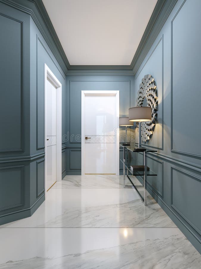 The corridor in the apartment with a modern metal console with glass shelves and luminous lamps and a round mirror on the wall. Hall corridor interior design with blue walls and white doors. 3d rendering. The corridor in the apartment with a modern metal console with glass shelves and luminous lamps and a round mirror on the wall. Hall corridor interior design with blue walls and white doors. 3d rendering