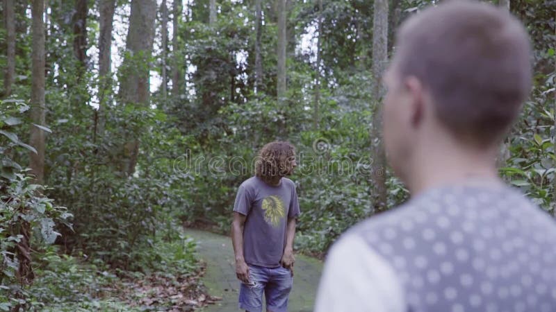 De gang van drie toeristenvrienden in tropisch bos en video's op kleine actiecamera