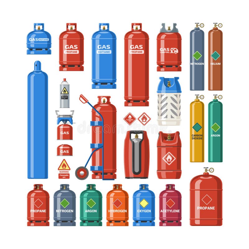 Gas cylinder vector lpg gas-bottle and gas-cylinder illustration set of cylindrical container with liquefied compressed gases with high pressure and valves isolated on white background. Gas cylinder vector lpg gas-bottle and gas-cylinder illustration set of cylindrical container with liquefied compressed gases with high pressure and valves isolated on white background.