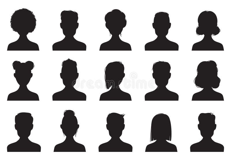 De gebruikers silhouetteren pictogrammen E Anonieme avatar van persoonshoofden vectorpictogramreeks