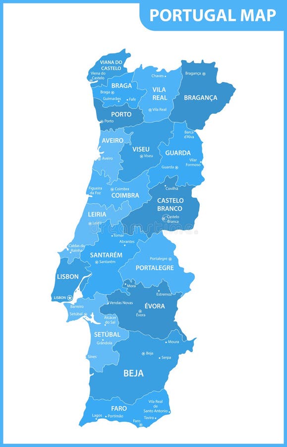De gedetailleerde kaart van Portugal met gebieden of staten en steden, kapitalen stock illustratie De gedetailleerde kaart van Portugal met gebieden of staten en steden, kapitalen stock illustratie
