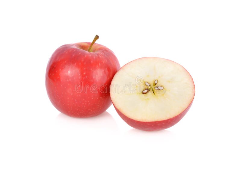 De gehele en halve appel van de besnoeiings verse roze dame met stam op witte achtergrond royalty-vrije stock fotografie De gehele en halve appel van de besnoeiings verse roze dame met stam op witte achtergrond royalty-vrije stock fotografie