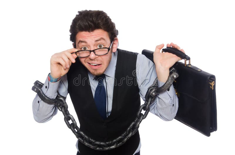 De geketende mannelijke die werknemer op wit wordt ge?soleerd stock afbeelding De geketende mannelijke die werknemer op wit wordt ge?soleerd stock afbeelding