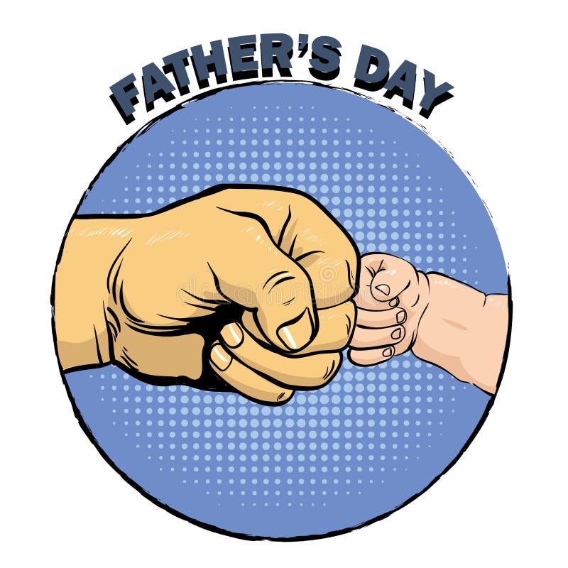 De gelukkige affiche van de vadersdag in retro grappige stijl Pop Art Vector Illustration Vader en zoonsvuistbuil