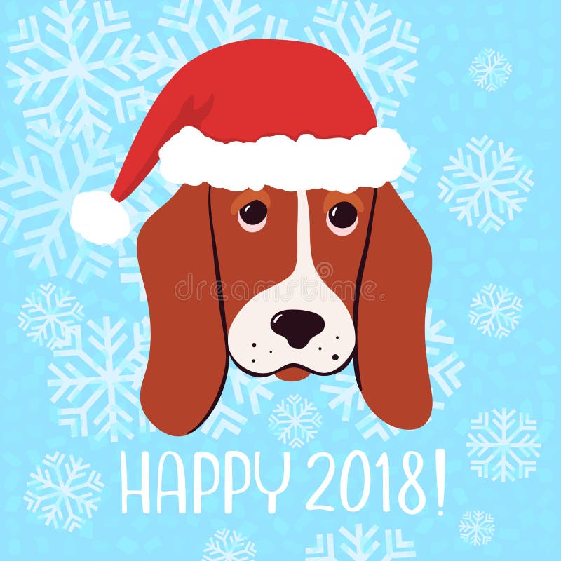 De gelukkige kaart van de het Nieuwjaargroet van 2018 Vector met hond in Kerstmishoed stock illustratie De gelukkige kaart van de het Nieuwjaargroet van 2018 Vector met hond in Kerstmishoed stock illustratie