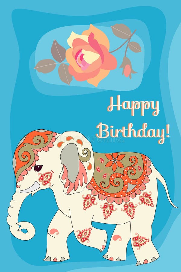 De gelukkige kaart van de verjaardagsgroet met leuke beeldverhaal Indische olifant en het vallen namen bloem op zonnige blauwe ac vector illustratie De gelukkige kaart van de verjaardagsgroet met leuke beeldverhaal Indische olifant en het vallen namen bloem op zonnige blauwe ac vector illustratie