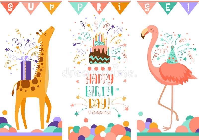 De gelukkige kaarten van de verjaardagsgroet Vectorillustratie van krabbel de leuke dieren stock illustratie De gelukkige kaarten van de verjaardagsgroet Vectorillustratie van krabbel de leuke dieren stock illustratie