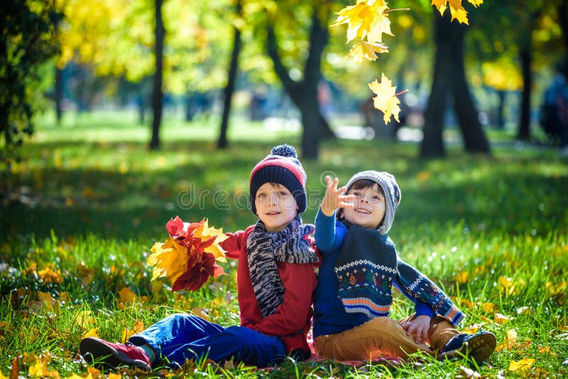 De gelukkige kinderen die in de mooie herfst spelen parkeren op warme zonnige dalingsdag Jonge geitjesspel met gouden esdoornblad stock foto's De gelukkige kinderen die in de mooie herfst spelen parkeren op warme zonnige dalingsdag Jonge geitjesspel met gouden esdoornblad stock foto's