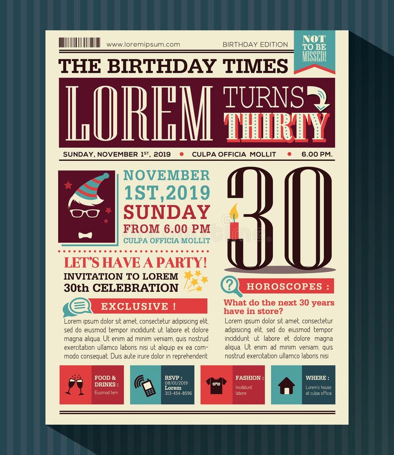 Happy Birthday Party card vector design layout in newspaper style. Happy Birthday Party card vector design layout in newspaper style