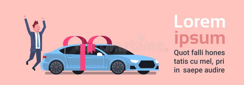 De gelukkige Mens koopt Nieuwe Auto over Vechicle met Lint en Boogachtergrond stock illustratie De gelukkige Mens koopt Nieuwe Auto over Vechicle met Lint en Boogachtergrond stock illustratie