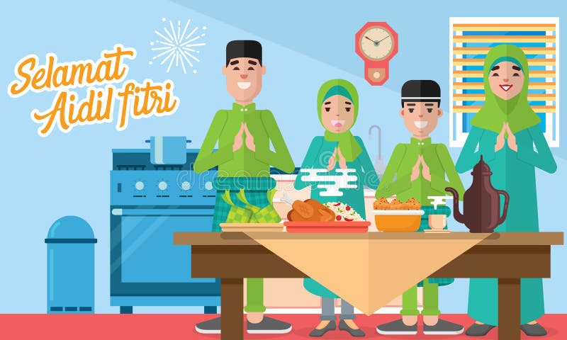 De gelukkige mohammedaanse familie viert voor aidilfitri met overvloedige voedsel en lantaarn royalty-vrije illustratie De gelukkige mohammedaanse familie viert voor aidilfitri met overvloedige voedsel en lantaarn royalty-vrije illustratie