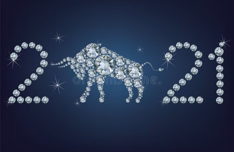 De gelukkige nieuwe kaart van de jaar 2021 creatieve groet met Stier maakte omhoog heel wat diamanten vector illustratie De gelukkige nieuwe kaart van de jaar 2021 creatieve groet met Stier maakte omhoog heel wat diamanten vector illustratie