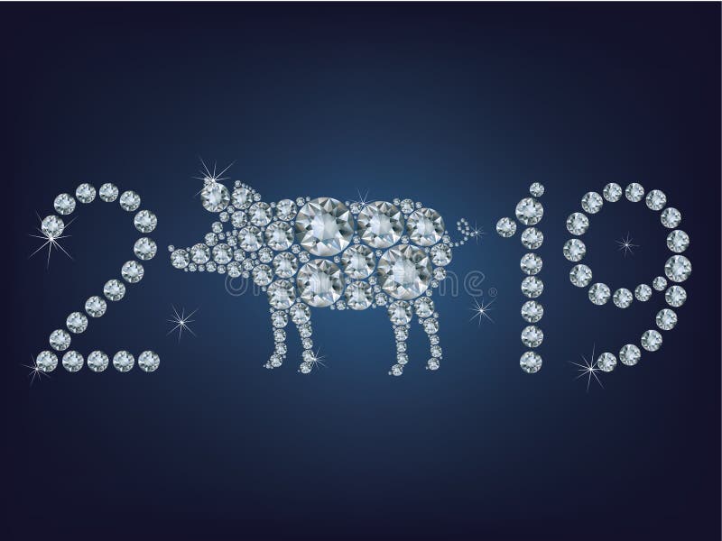 De gelukkige nieuwe kaart van de jaar 2019 creatieve groet met Varken maakte omhoog heel wat diamanten stock illustratie De gelukkige nieuwe kaart van de jaar 2019 creatieve groet met Varken maakte omhoog heel wat diamanten stock illustratie