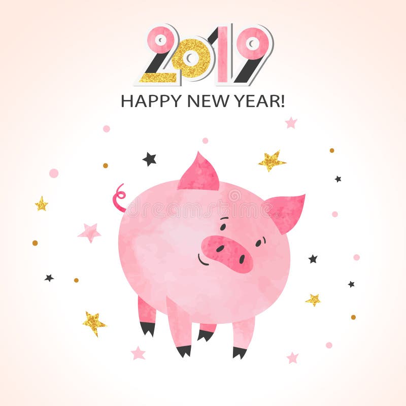 De gelukkige nieuwe kaart van de jaar 2019 groet Leuk waterverfvarken vector illustratie De gelukkige nieuwe kaart van de jaar 2019 groet Leuk waterverfvarken vector illustratie