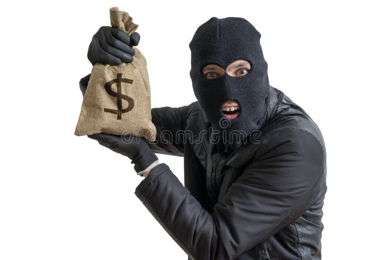 De gelukkige rover toont gestolen zakhoogtepunt van geld Geïsoleerd op wit stock foto De gelukkige rover toont gestolen zakhoogtepunt van geld Geïsoleerd op wit stock foto
