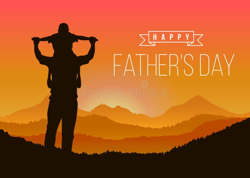 De gelukkige vaderdag met Silhouetzoon berijdt zijn vader` s hals bij Bergpieken in het vectorontwerp van de avondtijd