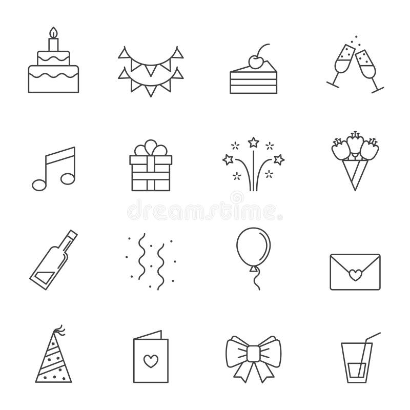 De gelukkige vector geplaatste pictogrammen van de verjaardagspartij Modern overzichts minimalistic ontwerp stock illustratie De gelukkige vector geplaatste pictogrammen van de verjaardagspartij Modern overzichts minimalistic ontwerp stock illustratie