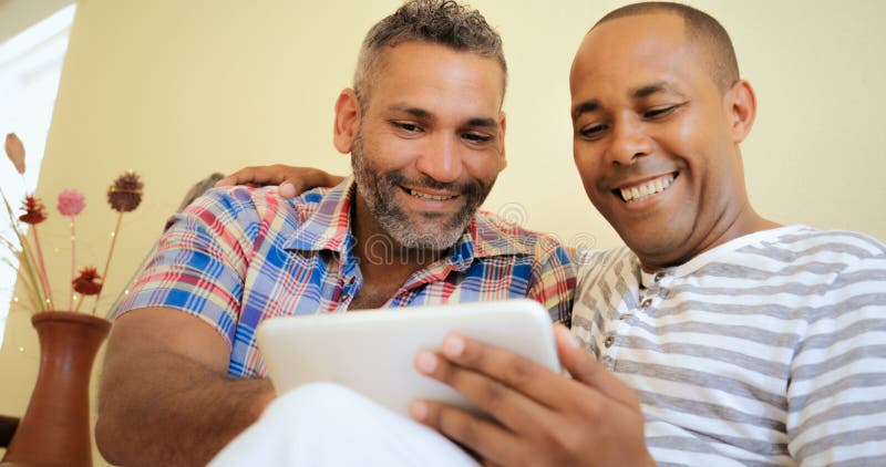 De gelukkige Vrolijke Mensen die van Paar Homoseksuele Mensen Computer met behulp van stock afbeelding De gelukkige Vrolijke Mensen die van Paar Homoseksuele Mensen Computer met behulp van stock afbeelding