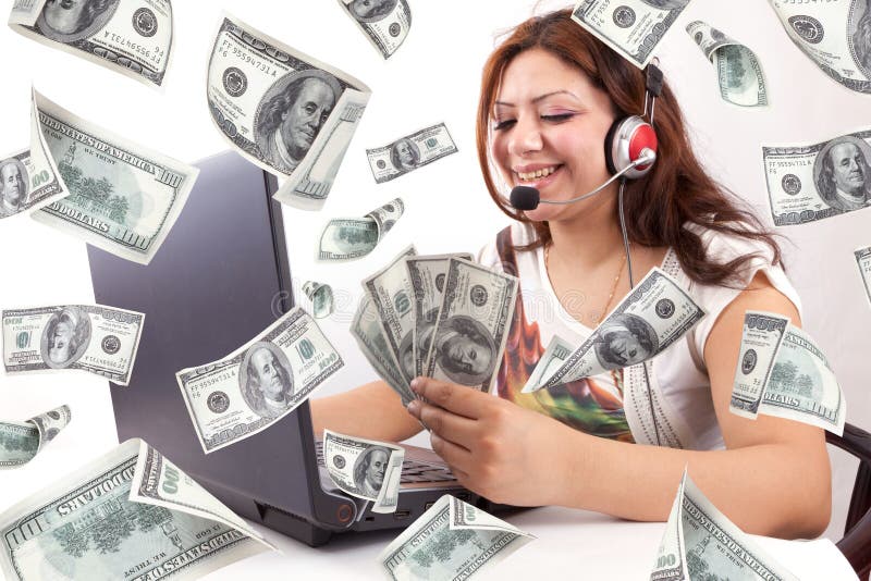 De gelukkige Vrouw verdient Online Geld