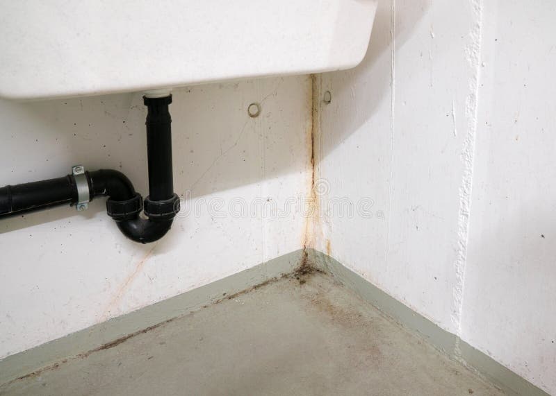 De geoxydeerde en geroeste calcium en vorm en schimmelstortingen van water beschadigen in een concrete kelderruimte onder een gro stock foto De geoxydeerde en geroeste calcium en vorm en schimmelstortingen van water beschadigen in een concrete kelderruimte onder een gro stock foto