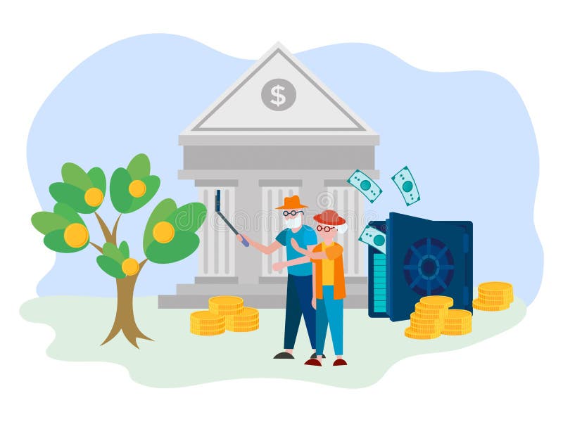 De gepensioneerden nemen selfies voor de brandkast met bankbiljetten en Bank stock illustratie De gepensioneerden nemen selfies voor de brandkast met bankbiljetten en Bank stock illustratie