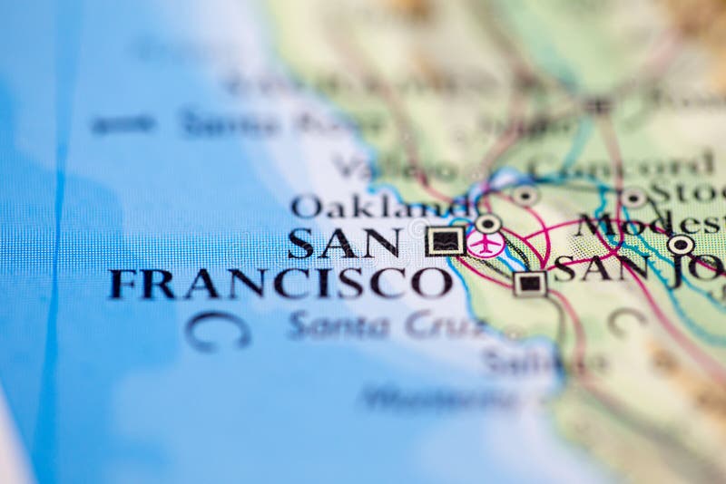 Shallow depth of field focus on geographical map location of San Francisco city United States of America USA continent on atlas. Shallow depth of field focus on geographical map location of San Francisco city United States of America USA continent on atlas.