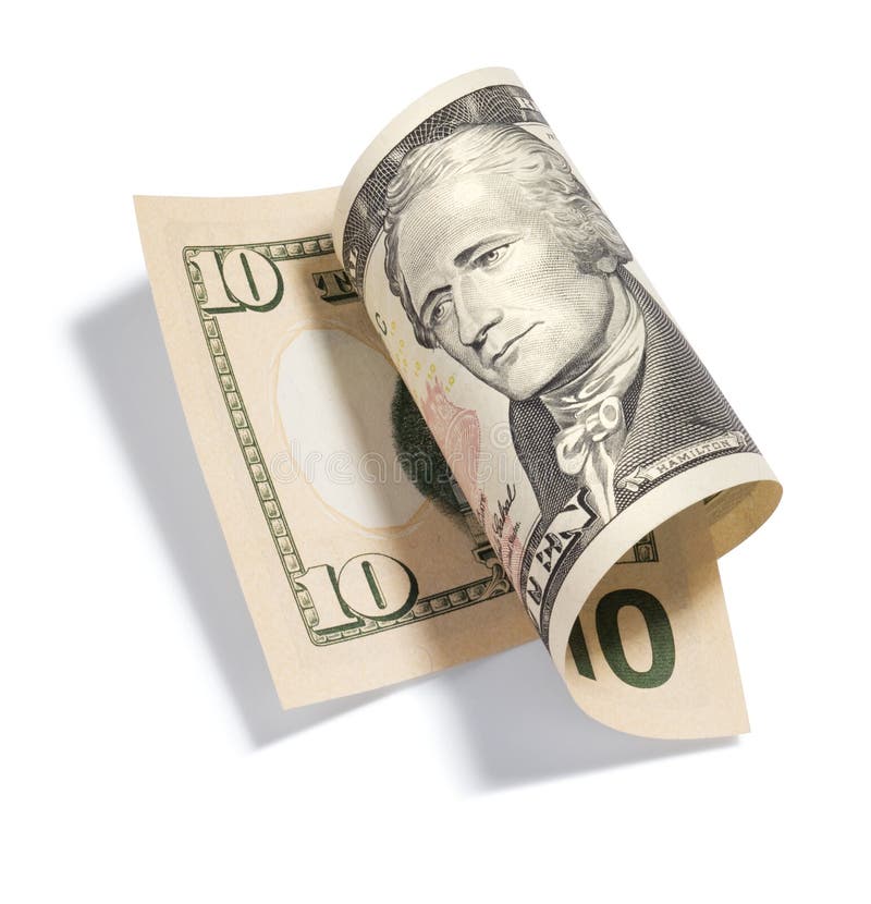A rolled up American ten dollar bill isolated on a white background. A rolled up American ten dollar bill isolated on a white background