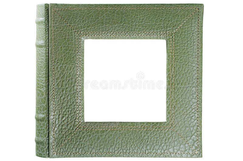 Green stamped leather album cover framing square window inside isolated on white. Green stamped leather album cover framing square window inside isolated on white