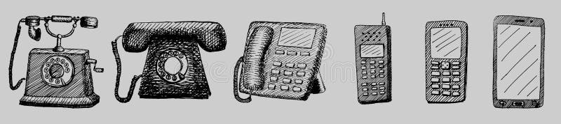 De getrokken retro en nieuwe illustratie van de telefoonevolutie hand royalty-vrije illustratie De getrokken retro en nieuwe illustratie van de telefoonevolutie hand royalty-vrije illustratie