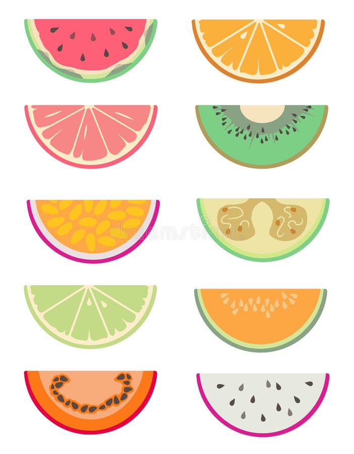 De getrokken vectorinzameling plaatste met verschillende exotische die fruitplakken in de helft zoals watermeloen worden gesneden royalty-vrije illustratie De getrokken vectorinzameling plaatste met verschillende exotische die fruitplakken in de helft zoals watermeloen worden gesneden royalty-vrije illustratie