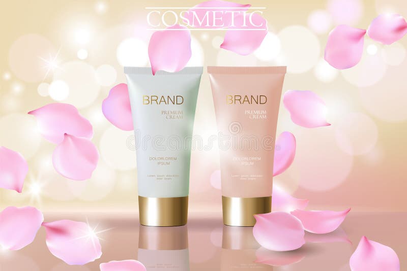 De gevoelige roze kosmetische advertentie van bloem dalende bloemblaadjes De beige witte gezichtsroom nam van de de buisbezinning vector illustratie De gevoelige roze kosmetische advertentie van bloem dalende bloemblaadjes De beige witte gezichtsroom nam van de de buisbezinning vector illustratie