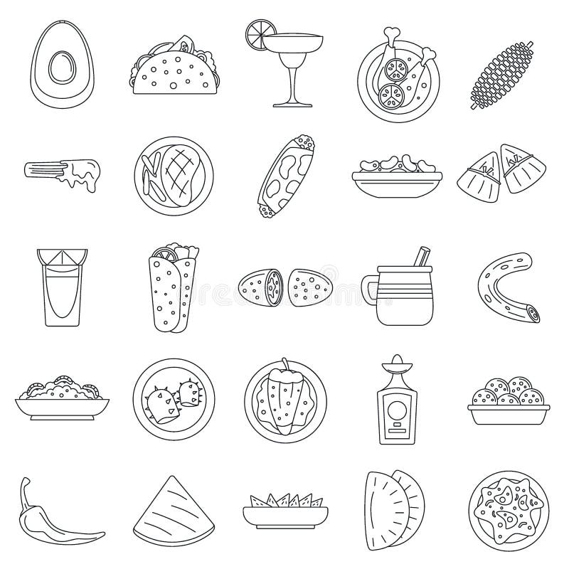 De gezonde Mexicaanse reeks van het voedselpictogram, overzichtsstijl vector illustratie De gezonde Mexicaanse reeks van het voedselpictogram, overzichtsstijl vector illustratie