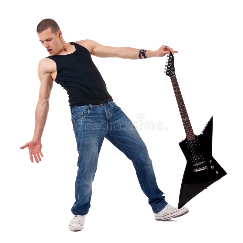 De gitaar van de holding te voet royalty-vrije stock afbeeldingen De gitaar van de holding te voet royalty-vrije stock afbeeldingen