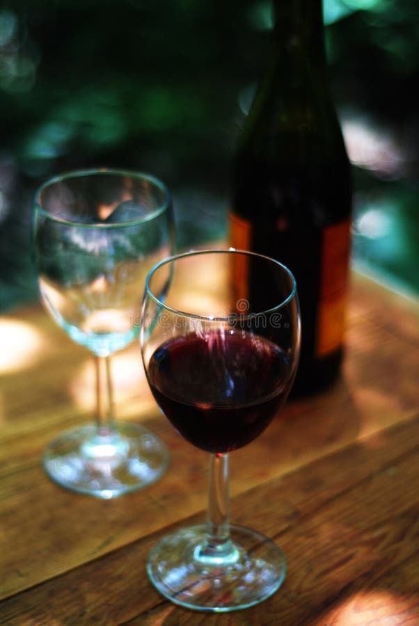 De glazen en de fles van de wijn stock fotografie De glazen en de fles van de wijn stock fotografie