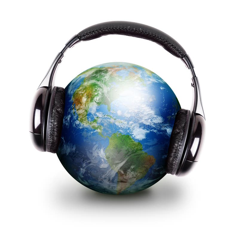 The Earth is wearing black headphones and playing music on a white background. Use it for an entertainment or song download concept. The Earth is wearing black headphones and playing music on a white background. Use it for an entertainment or song download concept.