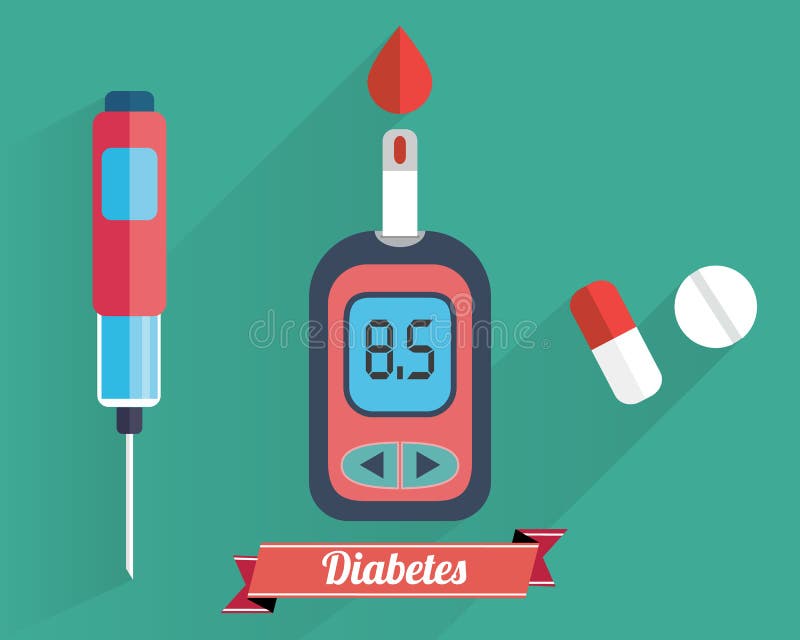De Glucosetest van het diabetesbloed - Hand die bloeddaling toepassen op teststrook van Glucosemeter - Vlakke pictogramreeks vector illustratie De Glucosetest van het diabetesbloed - Hand die bloeddaling toepassen op teststrook van Glucosemeter - Vlakke pictogramreeks vector illustratie