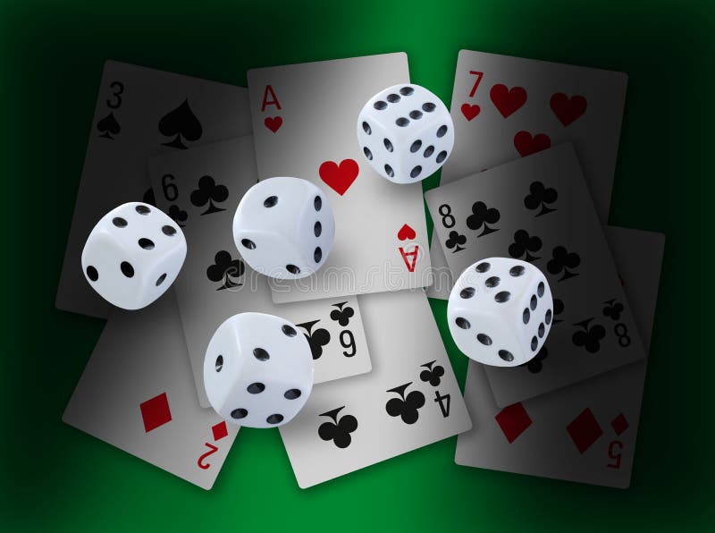 De gok met dobbelt het rollen en verschillende speelkaartenclubs, diamanten, harten en spades op achtergrond met dramatisch licht vector illustratie De gok met dobbelt het rollen en verschillende speelkaartenclubs, diamanten, harten en spades op achtergrond met dramatisch licht vector illustratie