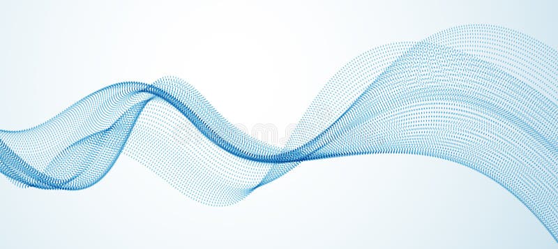 Wave line of flowing particles abstract vector background, smooth curvy shape dots fluid array. 3d shape dots blended mesh, future technology relaxing wallpaper. Wave line of flowing particles abstract vector background, smooth curvy shape dots fluid array. 3d shape dots blended mesh, future technology relaxing wallpaper