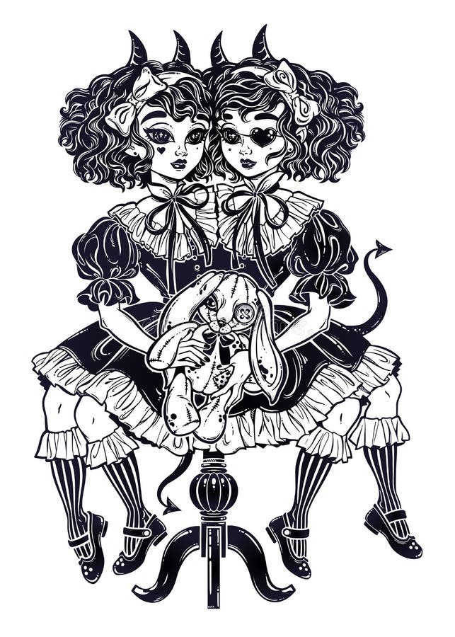 De gotische Victoriaanse tweeling siamese duivelse meisjes met voodoo vulden stuk speelgoed en IMP-hoornen vector illustratie De gotische Victoriaanse tweeling siamese duivelse meisjes met voodoo vulden stuk speelgoed en IMP-hoornen vector illustratie